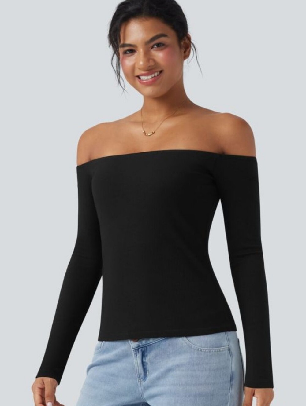 Halara Ribbed Knit Off Shoulder Long Sleeve 2-in-1 Casual Top Built In Bra
